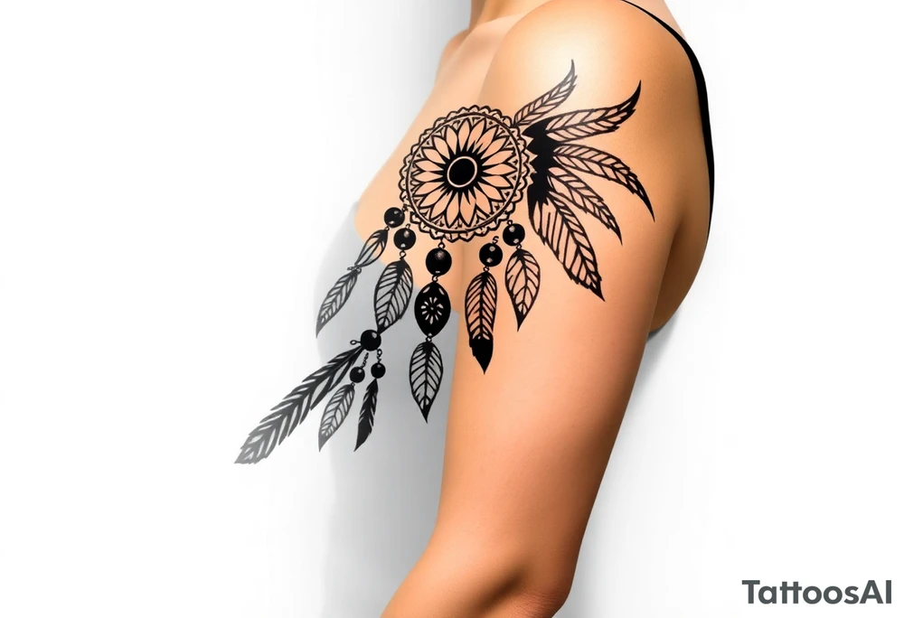 native dreamcatcher with flowing feathers and sacred beads tattoo idea