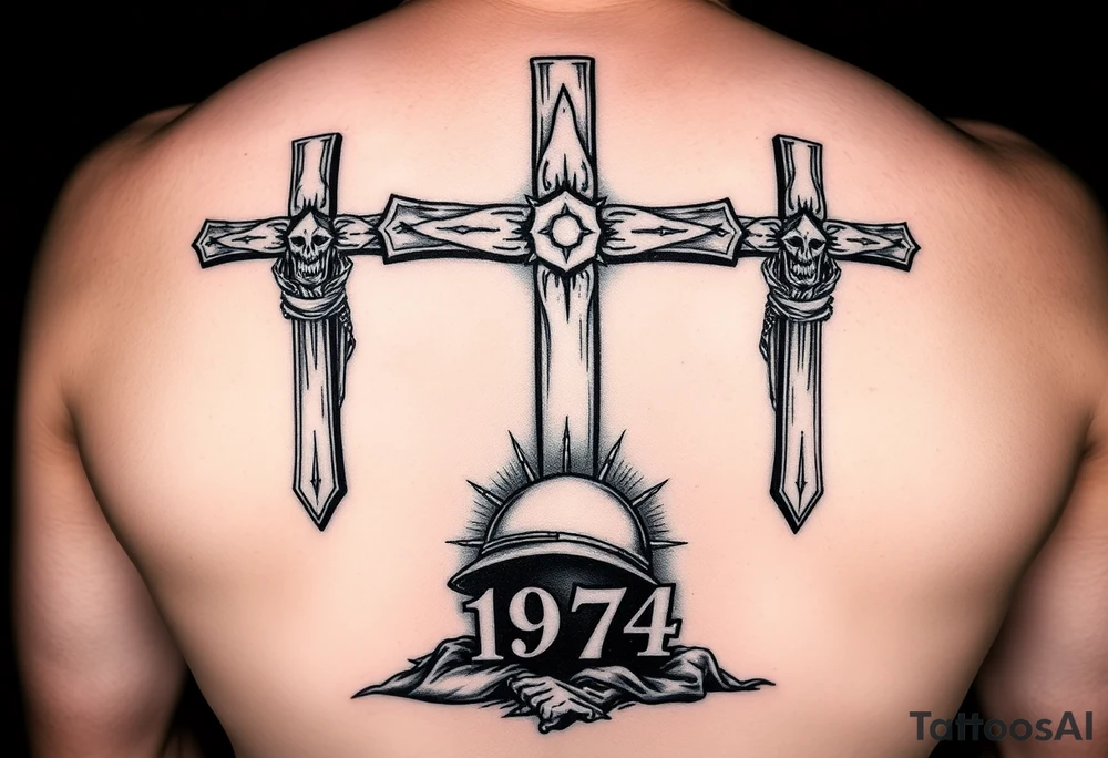 Three crosses the center one being longer than the others a soldier helmet on the ground in the middle of the crosses Jesus side profile behind it with 1974 in Roman numerals in the middle of the three crosses tattoo idea