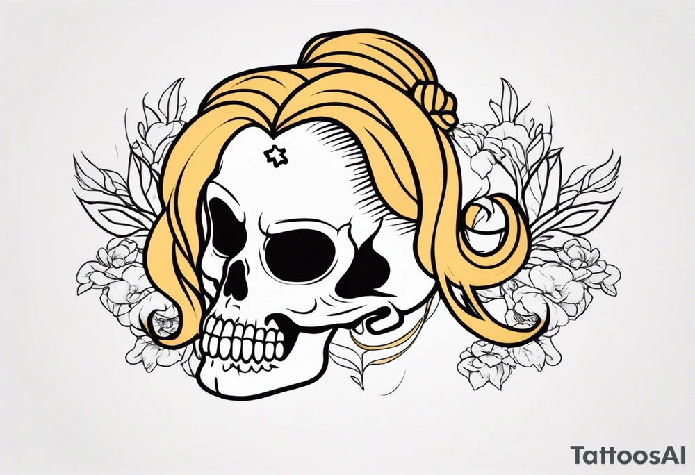 feminine skull  with hair in two blonde pigtails and crossbones underneath tattoo idea