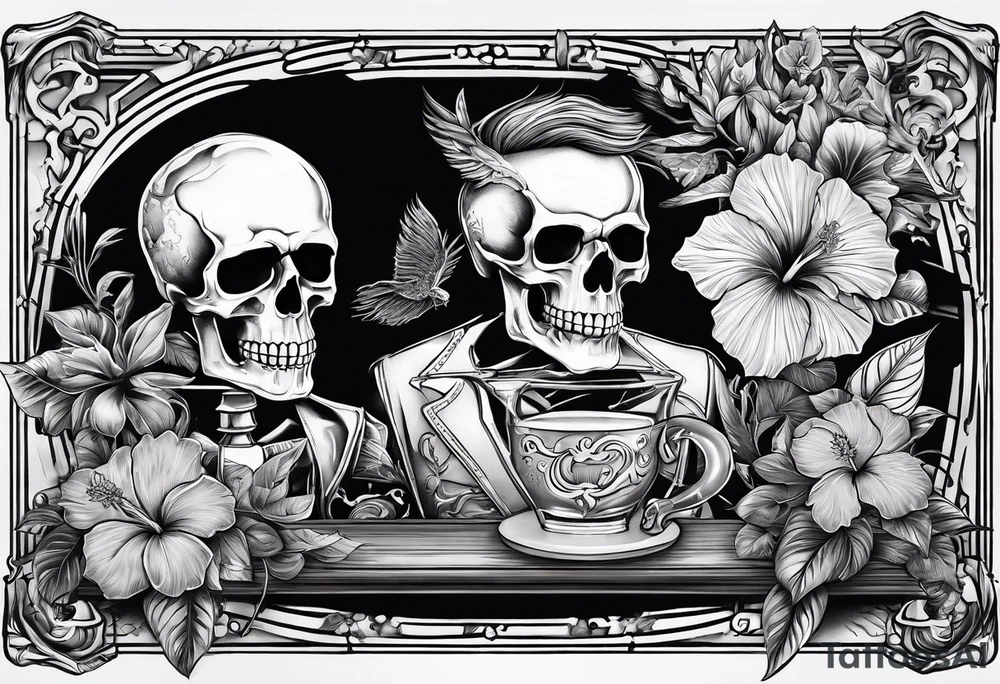 a bar scene with a skeleton couple with hibiscus flowers. western style tattoo idea