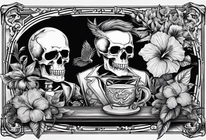 a bar scene with a skeleton couple with hibiscus flowers. western style tattoo idea
