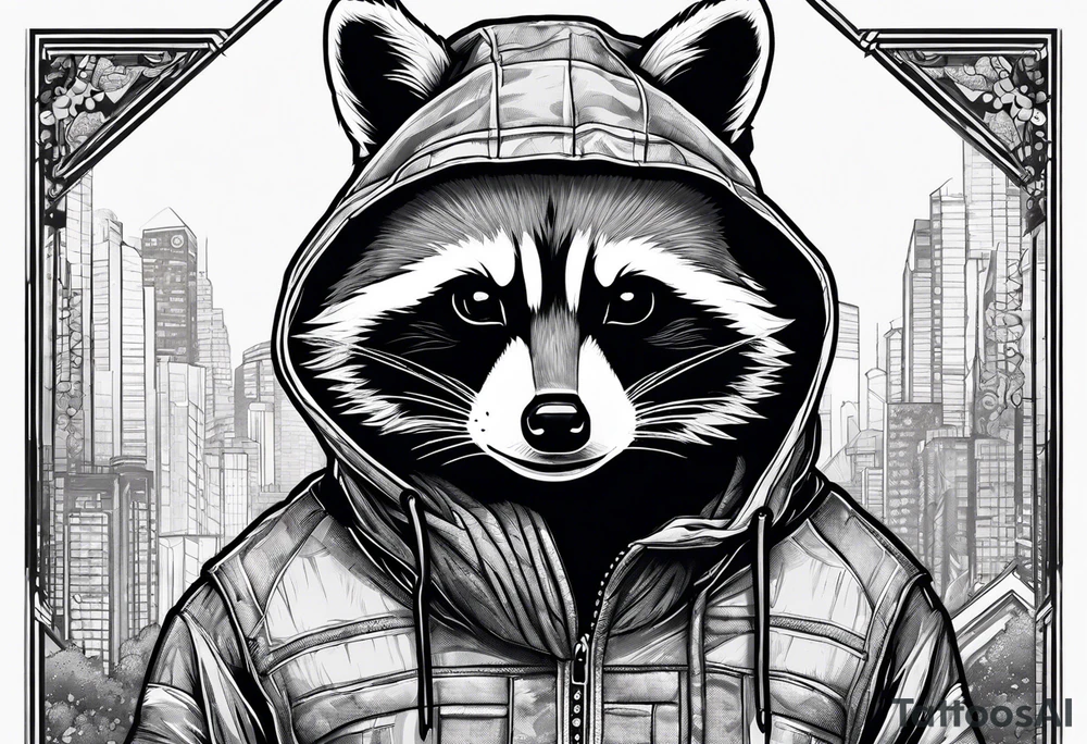Raccoon wearing an orange Superman hoodie tattoo idea