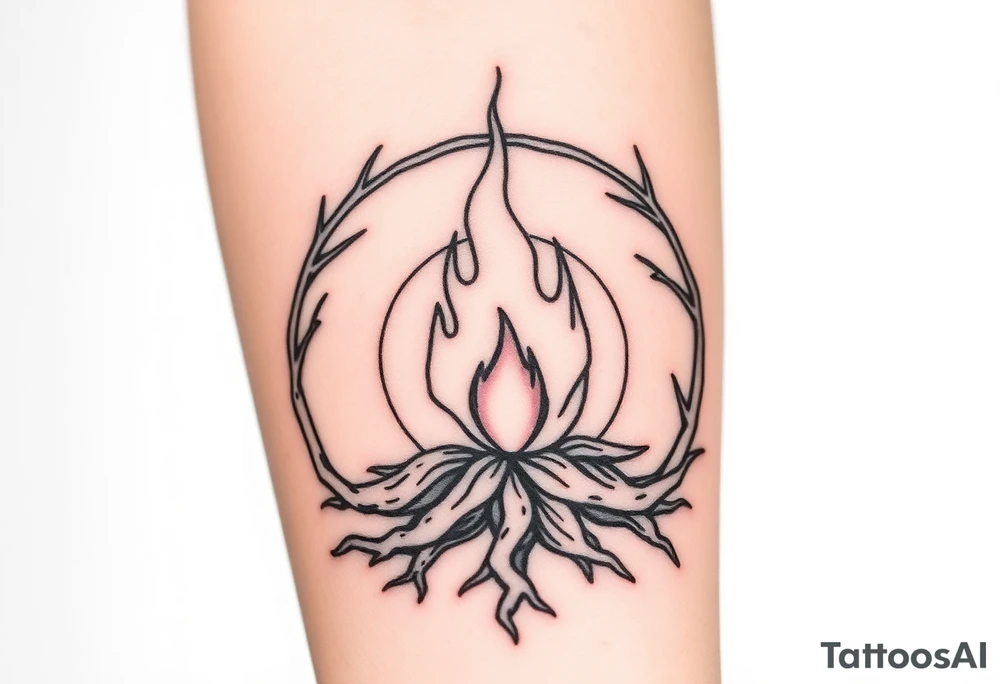 a round flame imprisoned in a roots circle tattoo idea