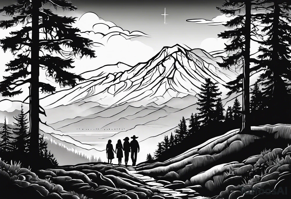 A shadow of a family of four walking through the Pacific northwest landscape. Faith centered and add Mexican culture .  Add border with crosses tattoo idea