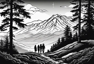 A shadow of a family of four walking through the Pacific northwest landscape. Faith centered and add Mexican culture .  Add border with crosses tattoo idea