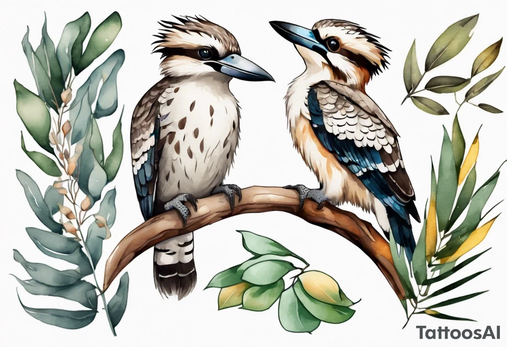 Cartoon kookaburra sitting on wattle and eucalyptus leaves tattoo idea