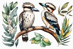 Cartoon kookaburra sitting on wattle and eucalyptus leaves tattoo idea