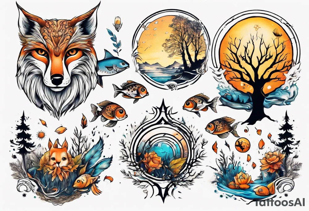 sonne, eule  wald, fuchs 
baum, sapere aude, Wasser, fisch tattoo idea