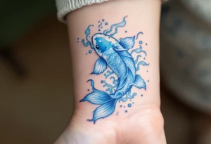 A carp with swirling water waves in an Art Nouveau style, with pastel blue and silver accents for an elegant, vintage feel tattoo idea