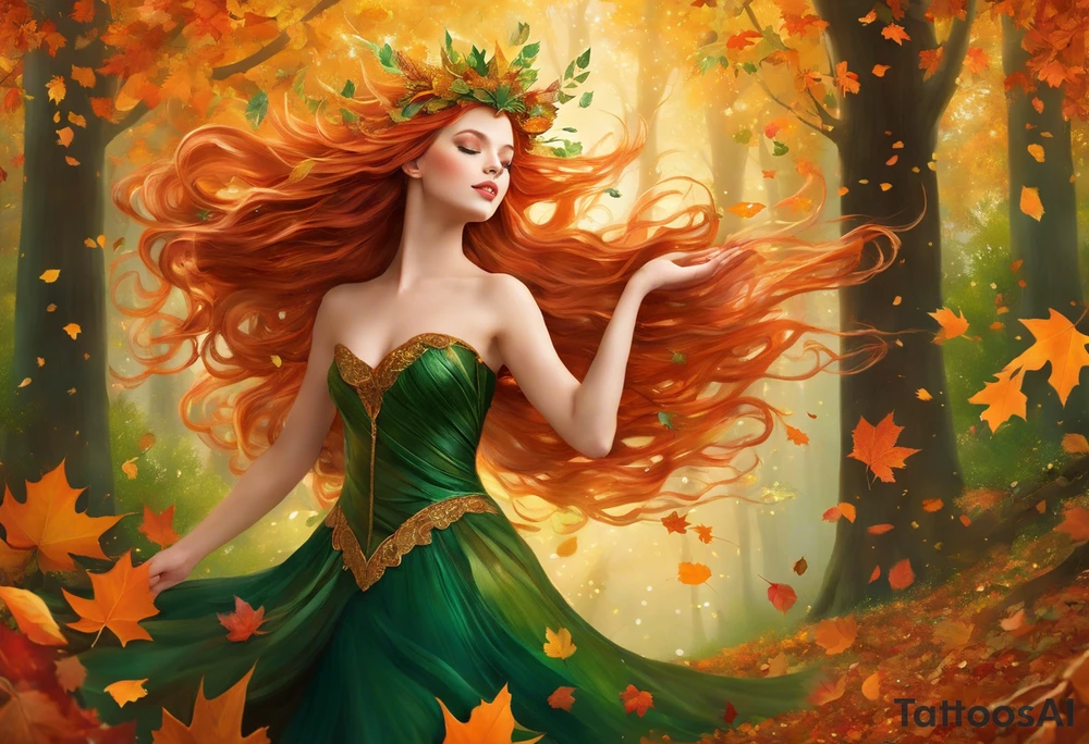 A winged fairy in the middle of a forest during the peak of autumn, twirling in a whirlwind of autumn leaves. The fairy's hair is auburn with copper colors and a crown of gold, orange, and red leaves adorning her head. Her eyes are emerald green with gold flecks, ruby lips and pale skin. Her dress a coppery orange, with leaves scattered on it. The fairly is twirling in a pile of leaves with arms raised overhead, looking at the sky. tattoo idea