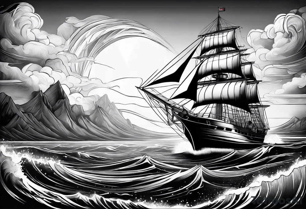 ghost marine lighthouse behind the bow of a sailboat. tattoo idea