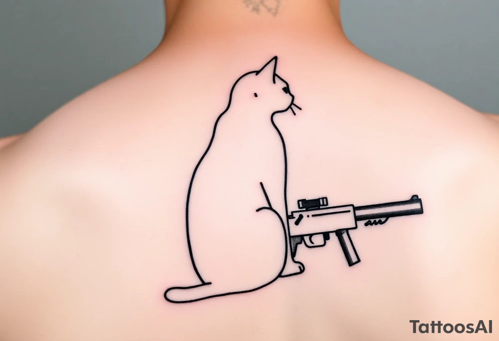"Minimalist black tattoo of:  
1. Cat (geometric outline, sitting calmly)  
2. Maxim M1910 machine gun (simplified side view)  

Key details:  
- Cat's tail transforms into the gun barrel  
- No shading, only clean 1mm lines  
- Size: 10cm (forearm)  

Style: Like a zen ink painting meets military schematic." tattoo idea