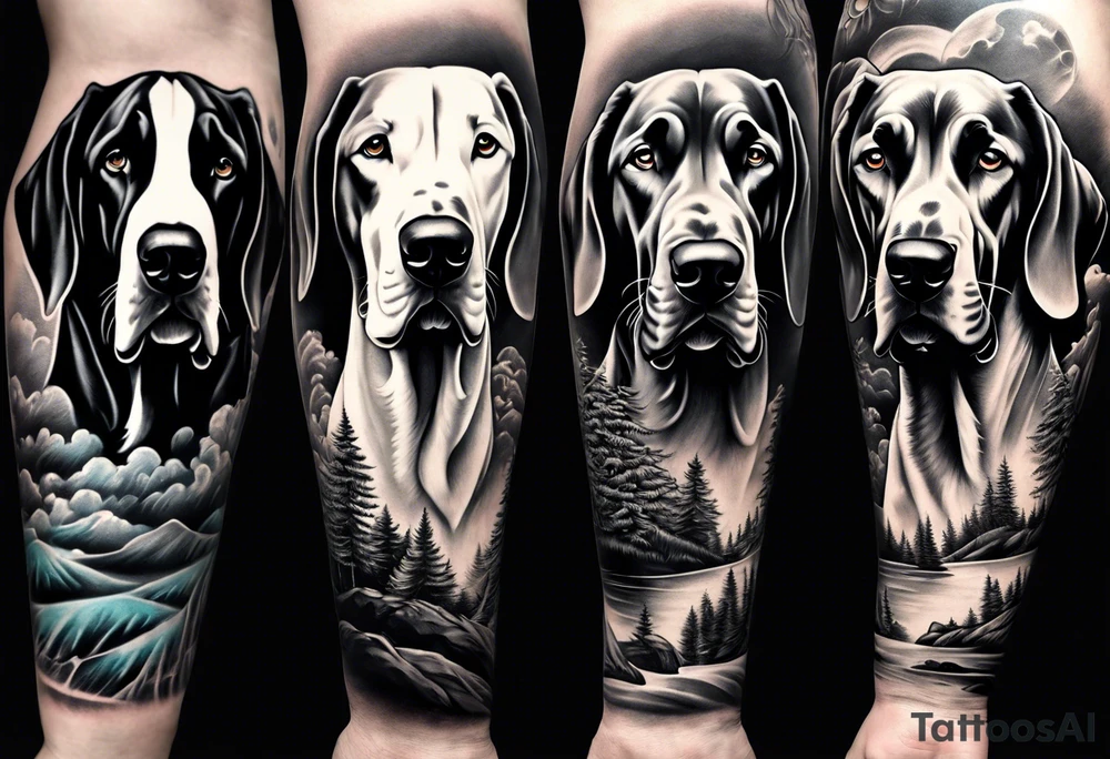 Full arm sleeve. Four Great Danes together exploring waterfall tattoo idea