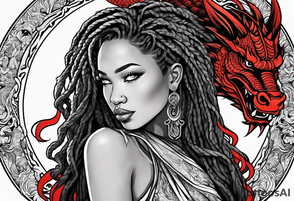 Woman with locs and red dragon in background tattoo idea