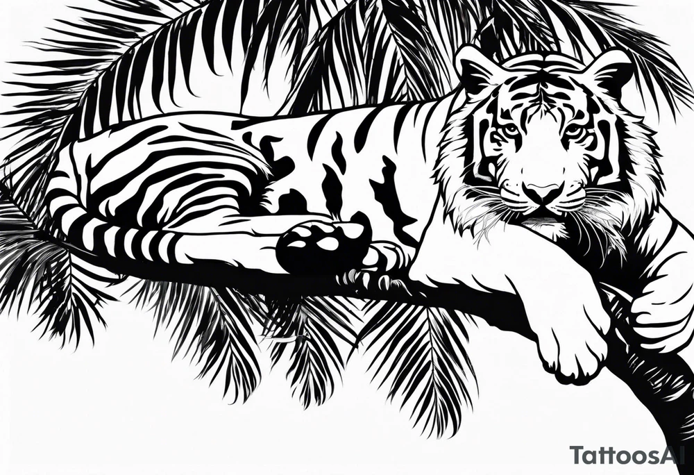 tiger laying on palm tree tattoo idea