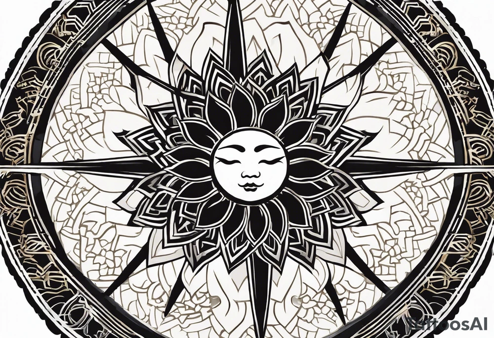 A tattoo inspired by traditional Japanese style, specifically designed for the knee. At the center, a sun with an expressive face, drawn in an oriental style with smooth yet defined lines, reflecting classic Japanese art elements. The sun’s rays are stylized and fluid, extending downward toward the shin and upward above the knee, maintaining visual balance. Incorporate details like flowing lines and edges that evoke natural and dynamic patterns typical of Japanese aesthetics. The design should be symmetrical, with an organic flow that fits the curvature of the knee. Preferably in black and gray, with detailed shading to enhance depth and texture. tattoo idea