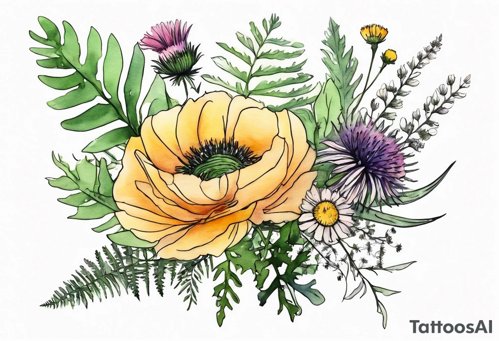 mixed wildflower bouquet with ferns, ranunculus, thistle and with watercolor to go along foot tattoo idea