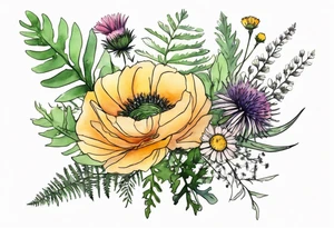 mixed wildflower bouquet with ferns, ranunculus, thistle and with watercolor to go along foot tattoo idea