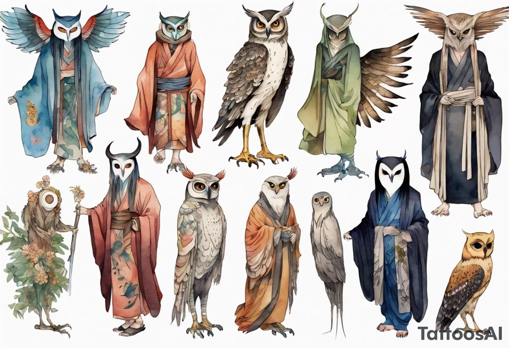 creature in an ancient robe wearing an owl mask walking in a forest with long thin legs, the feet of a bird, and wings instead of arms tattoo idea