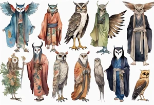 creature in an ancient robe wearing an owl mask walking in a forest with long thin legs, the feet of a bird, and wings instead of arms tattoo idea