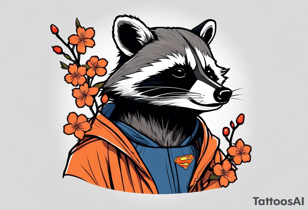 raccoon wearing a Superman hoodie with orange cherry blossoms tattoo idea