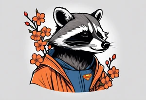 raccoon wearing a Superman hoodie with orange cherry blossoms tattoo idea