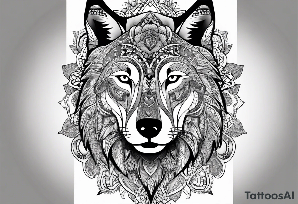 leg sleeve with mandela patterns and a wolf tattoo idea