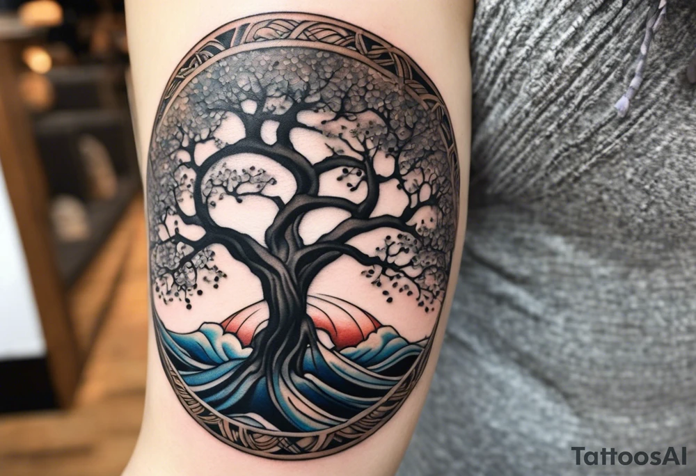 A tattoo of an abstract Tree of Life tattoo to be placed directly on the bicep of a woman. It can wrap around the arm a little. It should have roots growing out of the bottom. The roots slowly turn into water from the Great Wave by Hokusai. A golf flag should be placed discreetly growing out of the ground. 2 license plate tags should be hanging from the tree. Place a few music notes in the areas the leaves should be. The letters A U should be engraving into the tree trunk in a heart. tattoo idea