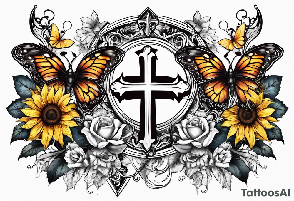 Arm sleeve with Winged cross with sunflower and butterflies tattoo idea