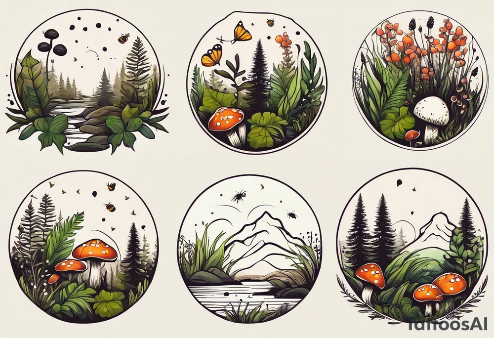 minimalistic forest floor inspired tattoo, which includes grass, moss, curly ferns and dead leaves as the bulk of the tattoo. details to include: forest berries, couple of very small brown mushrooms, a tiny bumblebee flying nearby tattoo idea