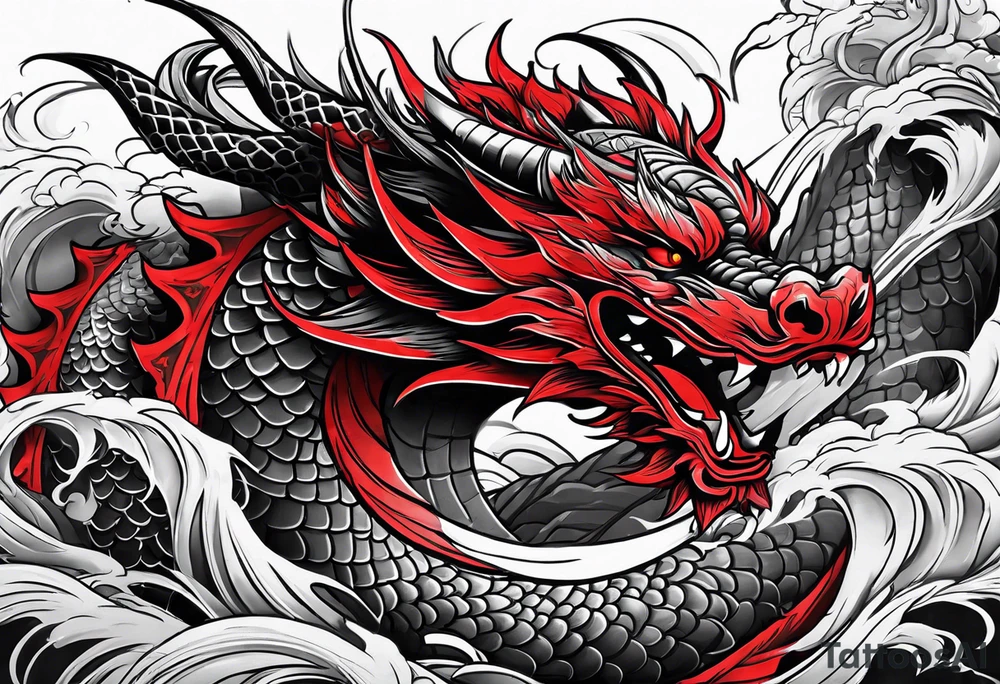 dragon irezumi arm sleeve in black and red tattoo idea