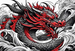 dragon irezumi arm sleeve in black and red tattoo idea