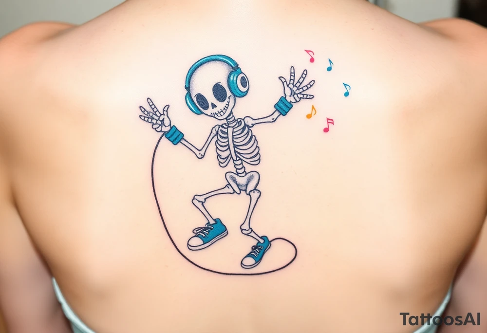 Cute smiling skeleton jumping on a jump rope with blue headphone and blue tennis shoes and blue armbands with colorful music notes tattoo idea