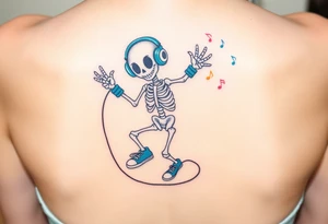Cute smiling skeleton jumping on a jump rope with blue headphone and blue tennis shoes and blue armbands with colorful music notes tattoo idea