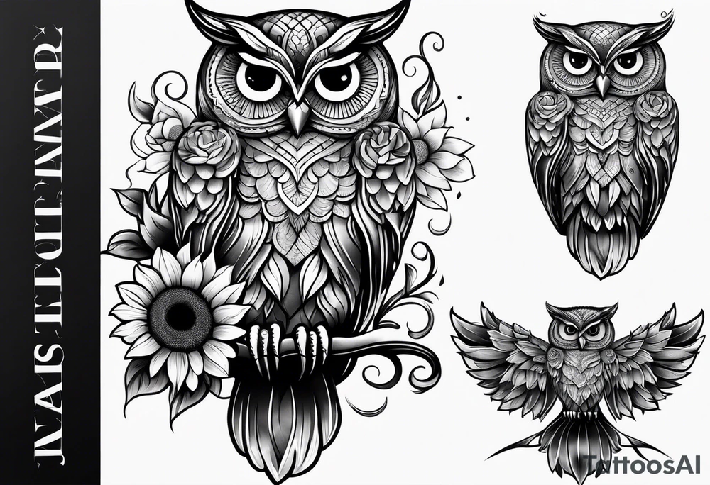 Owl and sunflowers quarter leg sleeves tattoo idea