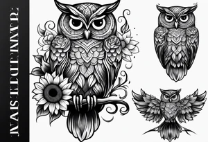 Owl and sunflowers quarter leg sleeves tattoo idea