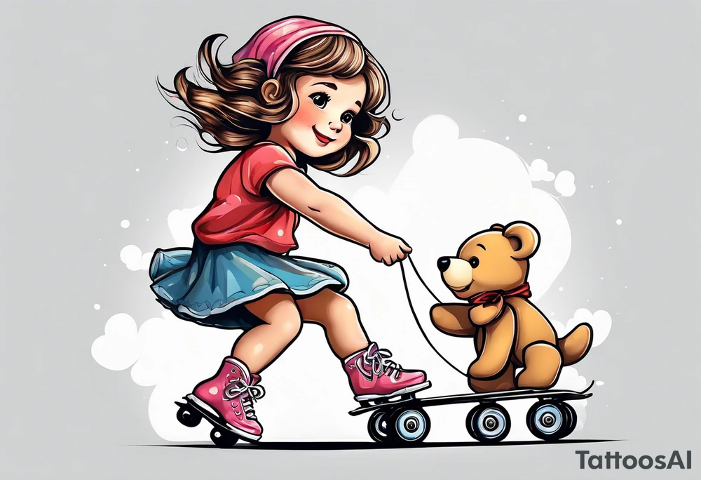 a little girl in a dress standing with a teddy bear in roller skates, flying a kite tattoo idea