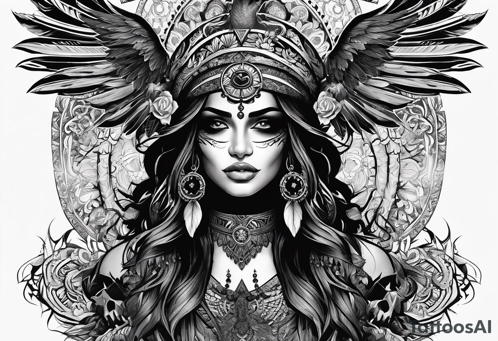 black kali, goddess pirate, pachamama, valkrye, warrior, skull, lotus azul, wing, eagle, zenza resonance, stars, one side chest tattoo idea