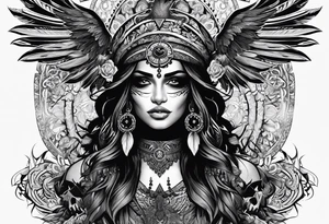 black kali, goddess pirate, pachamama, valkrye, warrior, skull, lotus azul, wing, eagle, zenza resonance, stars, one side chest tattoo idea