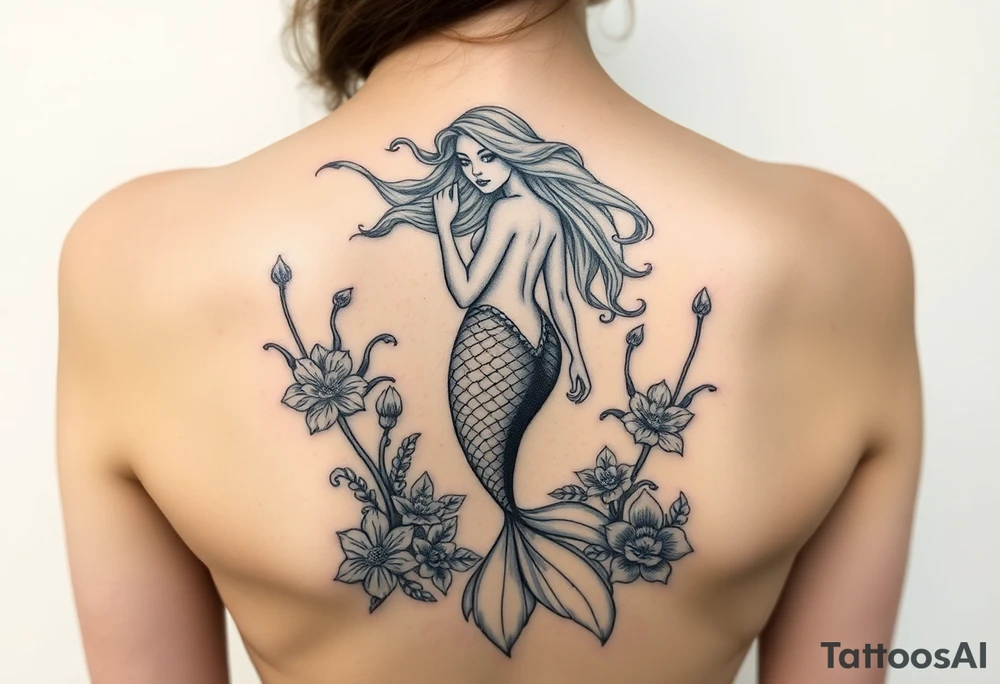 ethereal mermaid with flowing hair among coral and sea flowers and snakes around tattoo idea