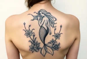 ethereal mermaid with flowing hair among coral and sea flowers and snakes around tattoo idea