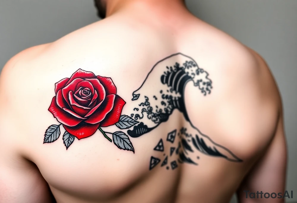 Arm tattoo of a beautiful red rose and incorporate the Great Wave off Kanagawa in black and white. tattoo idea