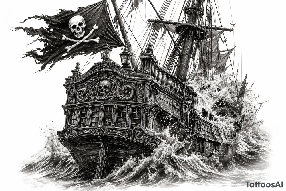 Detailed pirate ship stern, waves crashing over deck, tattered Jolly Roger flag. tattoo idea