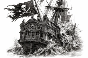 Detailed pirate ship stern, waves crashing over deck, tattered Jolly Roger flag. tattoo idea