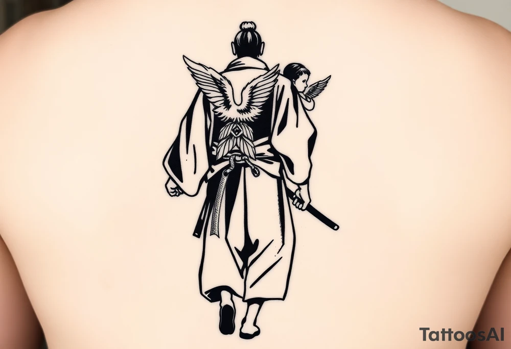 "Blackwork tattoo sketch of a lone samurai walking forward, shown in dramatic silhouette style. The samurai wears traditional kimono and hakama, holding a katana in one hand with the blade pointing downward. Behind him floats a small child angel with detailed feathered wings, gently touching the samurai’s back with one hand, as if stopping or guiding him. Strong contrast, dynamic ink splatter, rough brush strokes, Japanese sumi-e vibe, emotional and symbolic composition, high detail linework, no background." tattoo idea