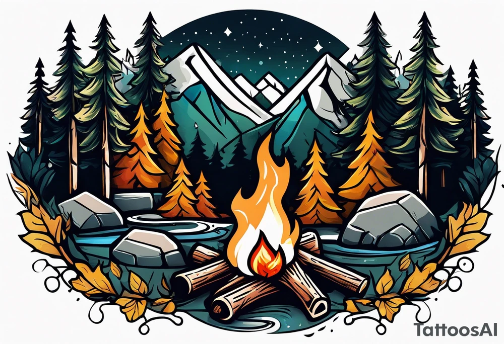 Small campfire in the forest where flow a small mountain stream tattoo idea