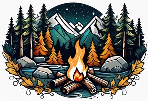 Small campfire in the forest where flow a small mountain stream tattoo idea