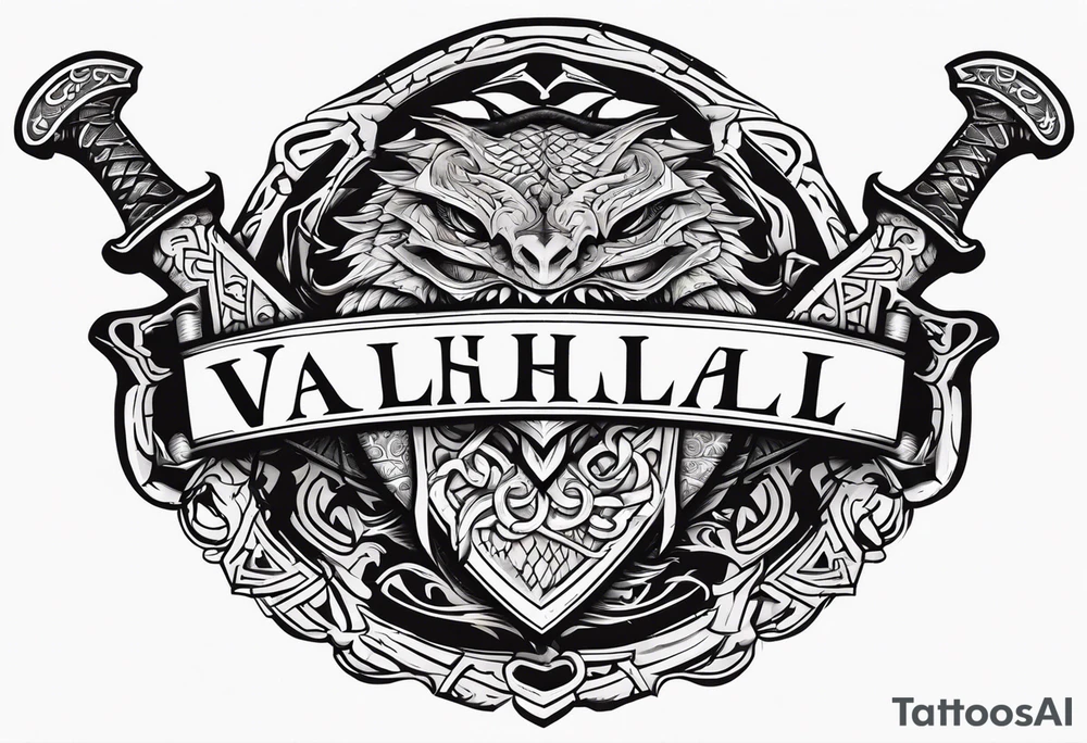 Valhalla sword shield dragon axe tattoo idea