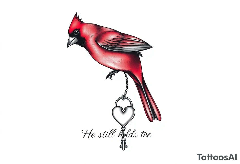 Prompt for Tattoo Design (Flat Artwork Version)

A realistic tattoo design of a red cardinal holding a heart-shaped key in its beak. The key matches a classic romantic key design with a beaded chain attached. The chain dangles gracefully downward to connect with a heart lock near the bottom of the design. Include elegant cursive text reading “He still holds the key” beneath the heart. Use clean black and gray ink lines with rich red tones for the cardinal. Style the artwork for tattoo realism, soft shading, and delicate linework, with balanced vertical composition suitable for an inner forearm tattoo. tattoo idea