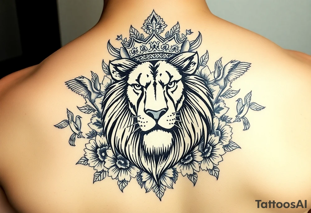 powerful majestic lion with a crown, surrounded by floral ornaments and birds tattoo idea